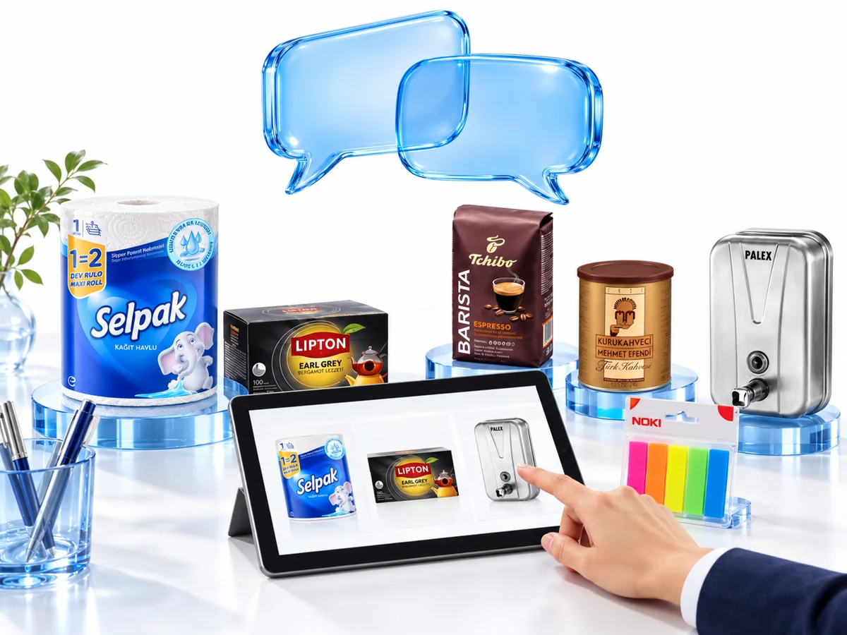 Tablette ürün seçeneklerini işaret eden el ve görüşmeyi simgeleyen konuşma balonları