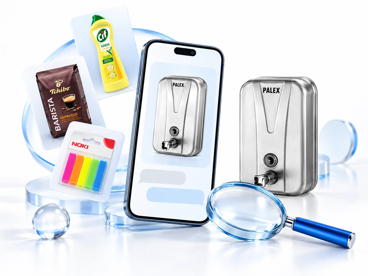 Ürün fotoğrafı içeren telefon, ürün kartları ve araştırmayı simgeleyen büyüteç